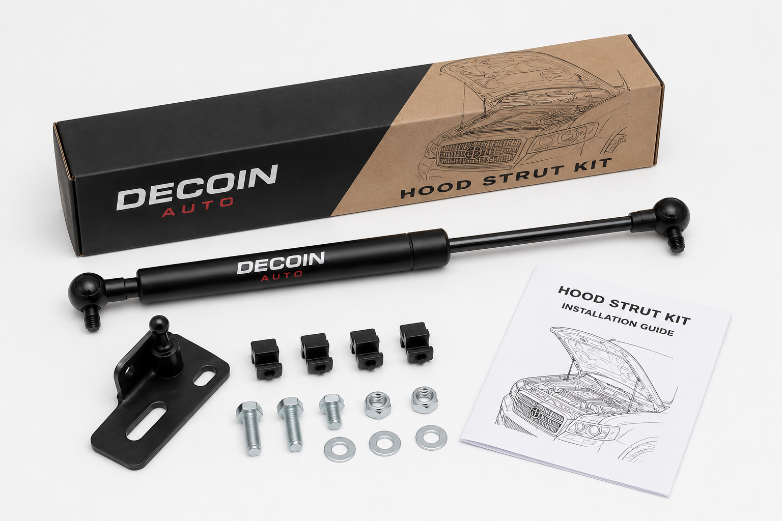Complete vehicle-specific hood strut installation kit