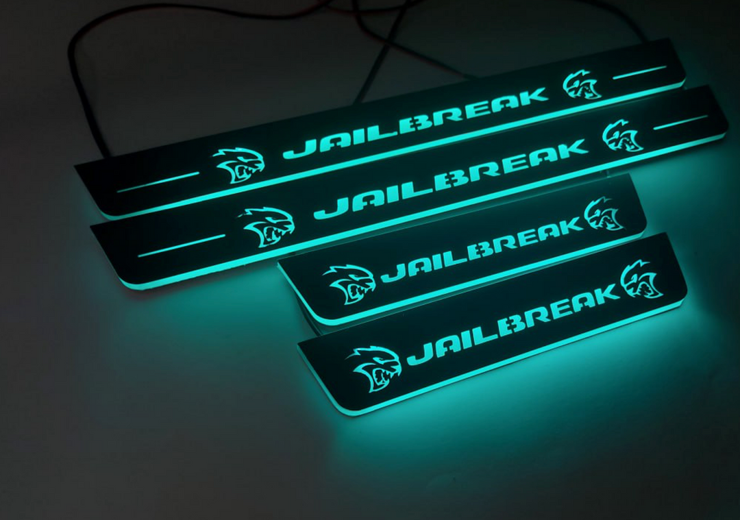 Dodge Charger 2011+ Door Sill Led Plate With JAILBREAK Logo Dodge Led Door Sills opdesign BLUE FRONT+REAR STAINLESS STEEL