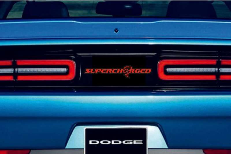 Dodge Challenger trunk rear emblem between tail lights with Supercharged + Hellcat logo