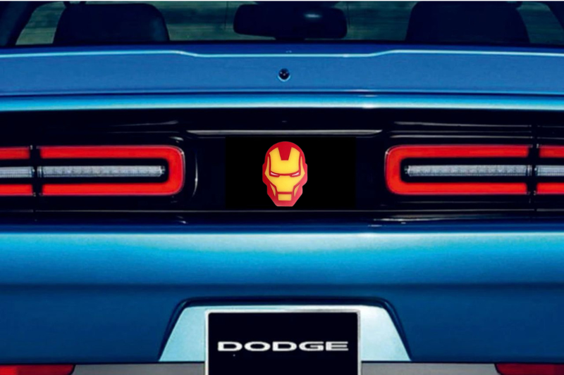 Dodge Challenger trunk rear emblem between tail lights with Iron Man logo