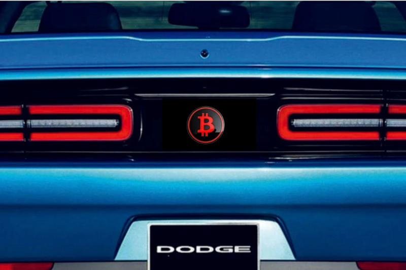 Dodge Challenger trunk rear emblem between tail lights with Bitcoin logo