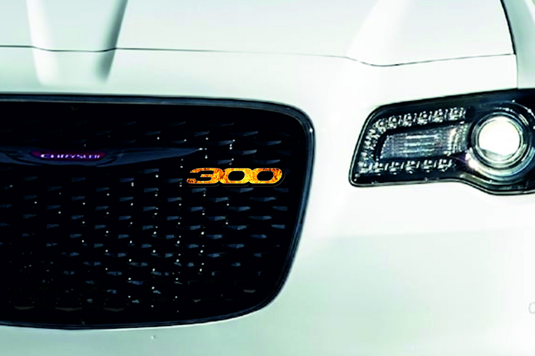 Chrysler Emblem & Badge Set - Grille and Tailgate 300 Fire logo Chrysler emblems decoinfabric BLACK FRAME+FIRE LOGO