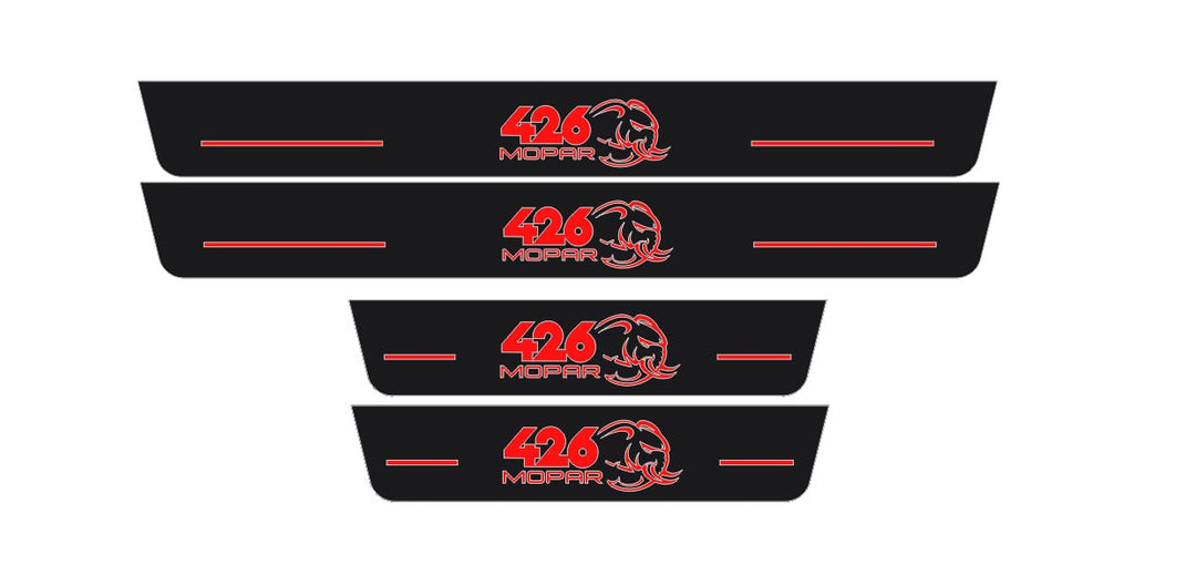 Dodge Durango 2011+ Door Sill Led Plate With 426 Mopar Hellephant Logo Dodge Led Door Sills opdesign RED FRONT+REAR STAINLESS STEEL+RAPTOR PROTECTION