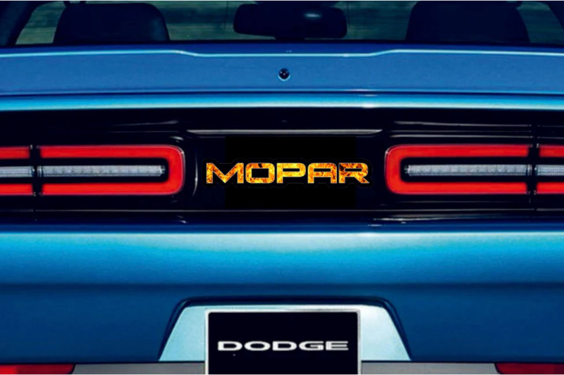 Dodge Challenger trunk rear emblem between tail lights with Mopar Fire logo