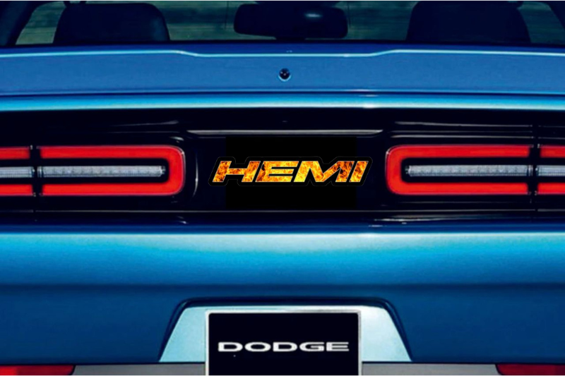 Dodge Challenger trunk rear emblem between tail lights with Hemi Fire logo