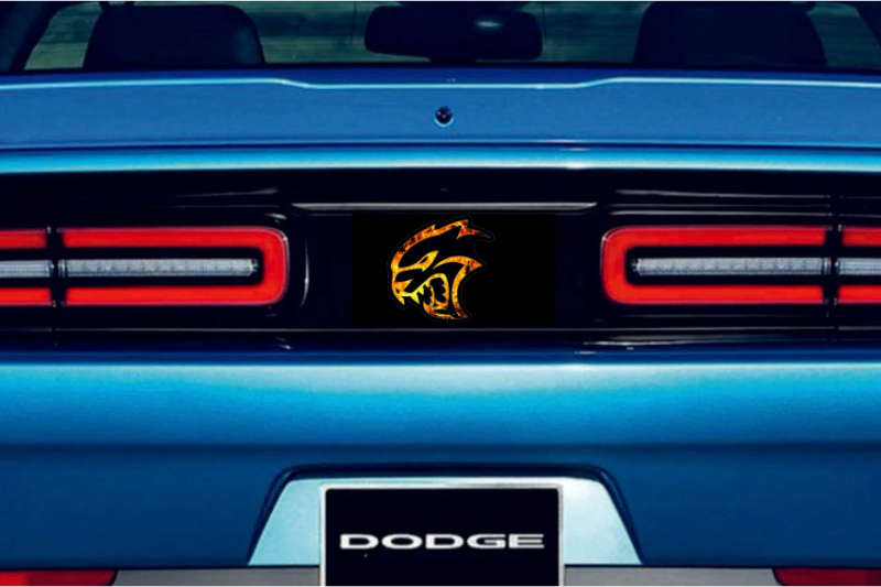 Dodge Challenger trunk rear emblem between tail lights with Hellcat Fire logo