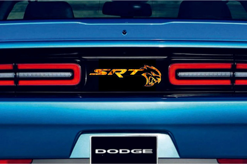 Dodge Challenger trunk rear emblem between tail lights with SRT Hellcat Fire logo