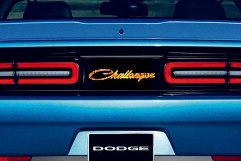 Dodge Challenger trunk rear emblem between tail lights with Challenger Fire logo