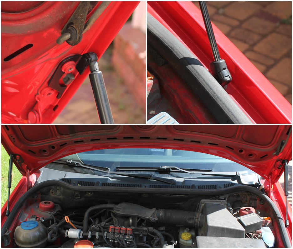 Hood strut kit mounting details on the Škoda Fabia 1st Gen (6Y)
