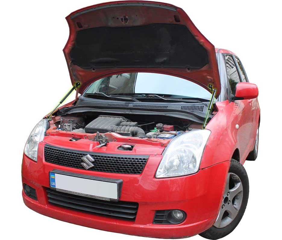 Hood strut kit installed on the Suzuki Swift 2nd Gen (RS)