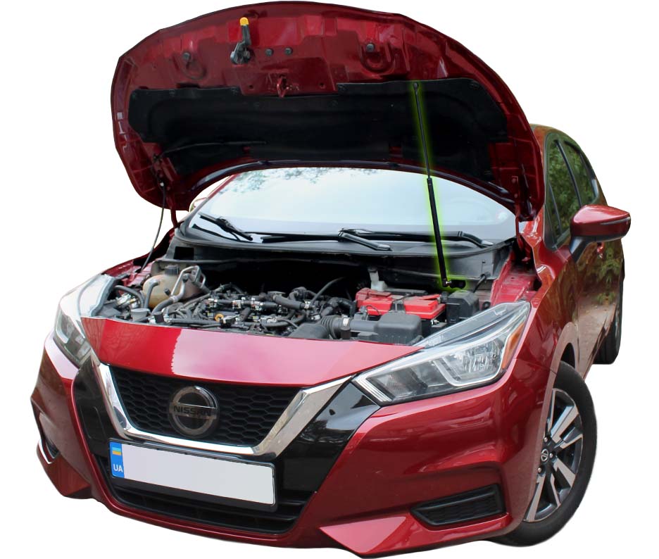 Hood strut kit installed on the Nissan Versa 3rd Gen (N18)
