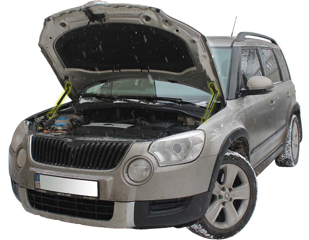 Hood strut kit installed on the Škoda Yeti (5L)