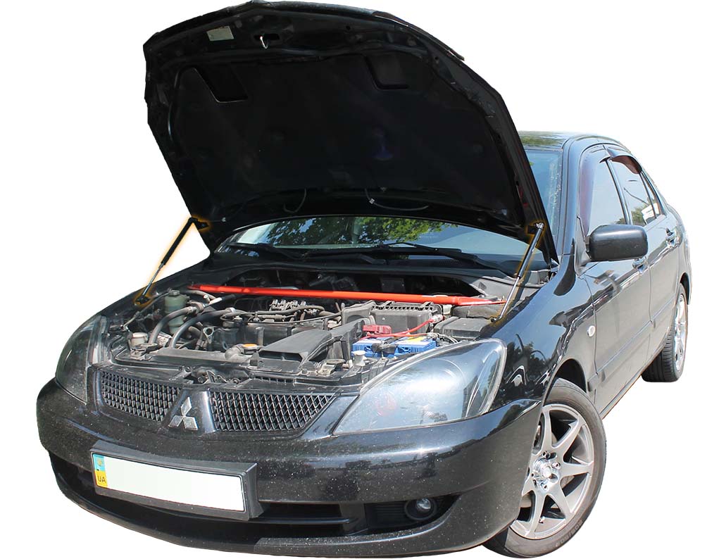 Hood strut kit installed on the Mitsubishi Lancer 9th Gen (CS)