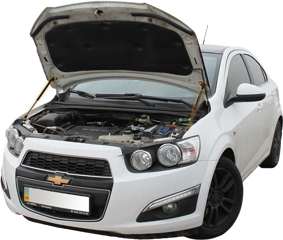 Hood strut kit installed on the Chevrolet Aveo 2nd Gen (T300)
