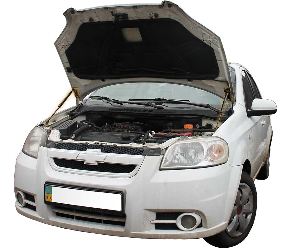 Hood strut kit installed on the Chevrolet Aveo 1st Gen Facelift (T250)