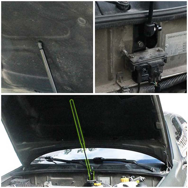 Hood strut kit mounting details on the Daewoo Lanos (T100)
