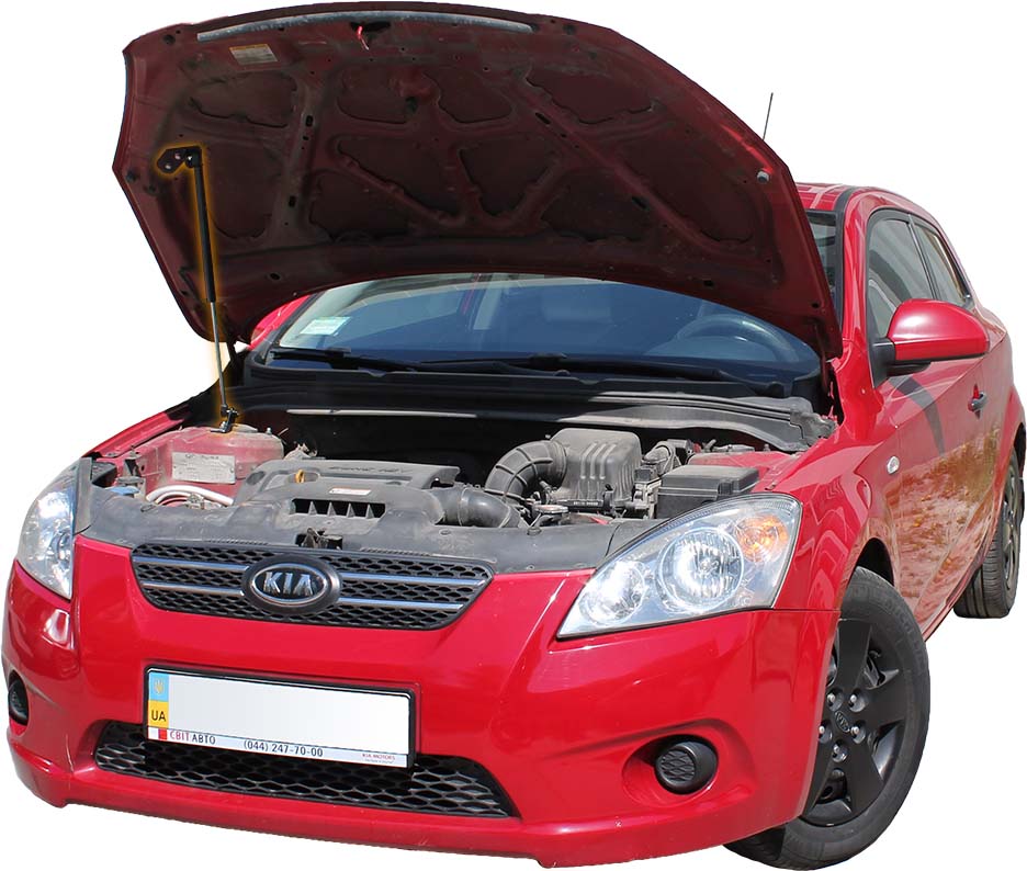 Hood strut kit installed on the Kia Ceed 1st Gen (ED)