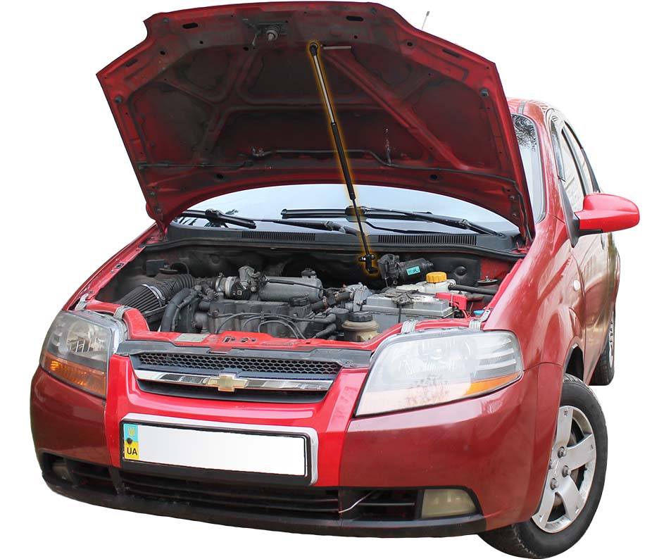 Hood strut kit installed on the Chevrolet Aveo 1st Gen (T200)