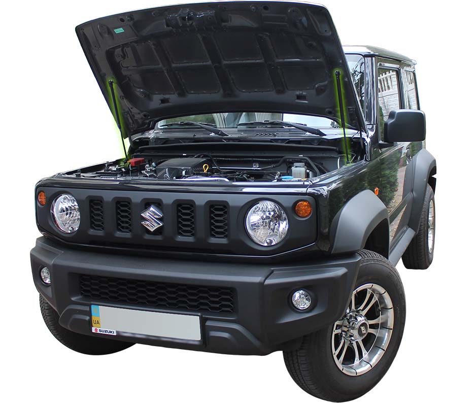 Hood strut kit installed on the Suzuki Jimny 4th Gen (JB74)