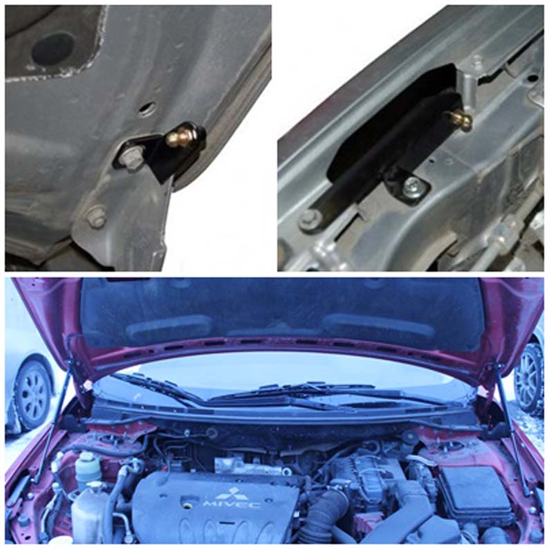 Hood strut kit mounting details on the Mitsubishi Lancer 10th Gen (CY)