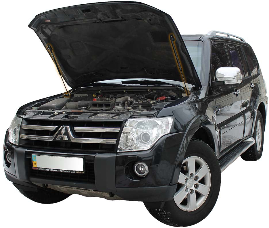 Hood strut kit installed on the Mitsubishi Pajero 4th Gen (V80)