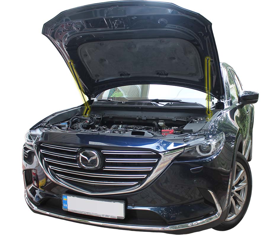 Hood strut kit installed on the Mazda CX-9 2nd Gen (TC)