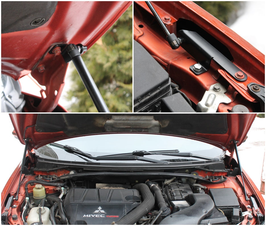Hood strut kit mounting details on the Mitsubishi Lancer Evolution X (CZ4A)