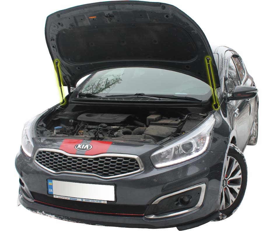 Hood strut kit installed on the Kia Ceed 2nd Gen (JD)