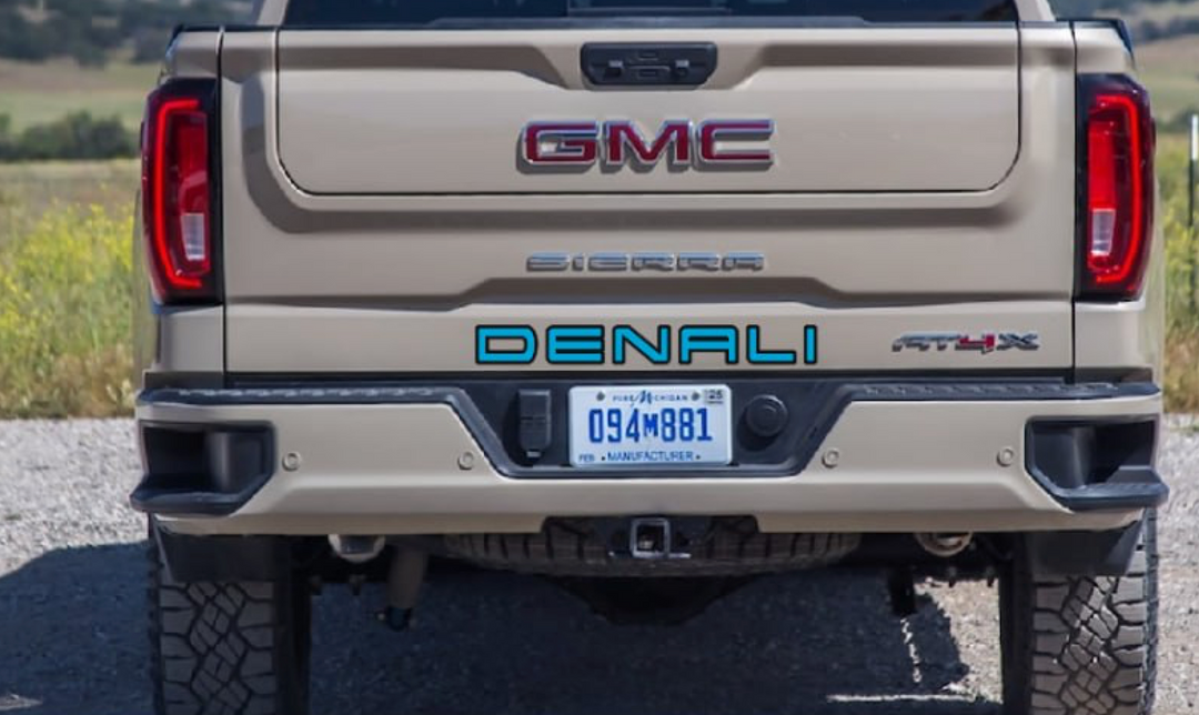 GMC tailgate trunk rear emblem with Denali logo (Big Size) GMC emblems decoinfabric BLACK LIGHT BLUE
