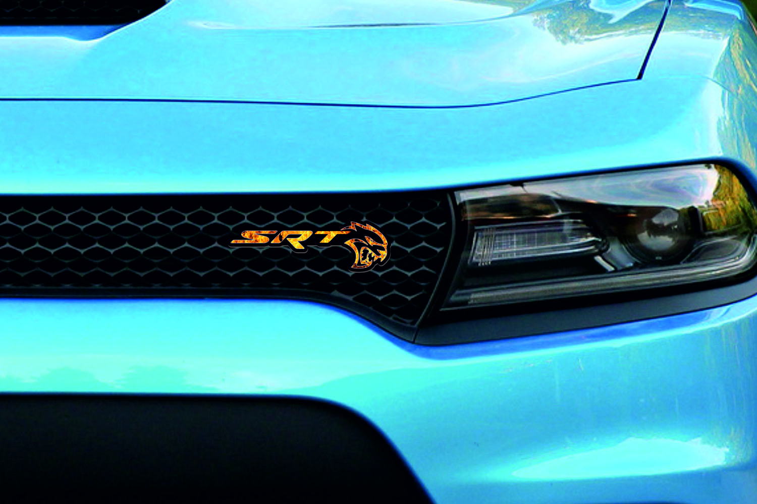 Dodge Emblem & Badge Set - Grille and Tailgate SRT Hellcat Fire logo Dodge emblems decoinfabric BLACK FRAME+FIRE LOGO